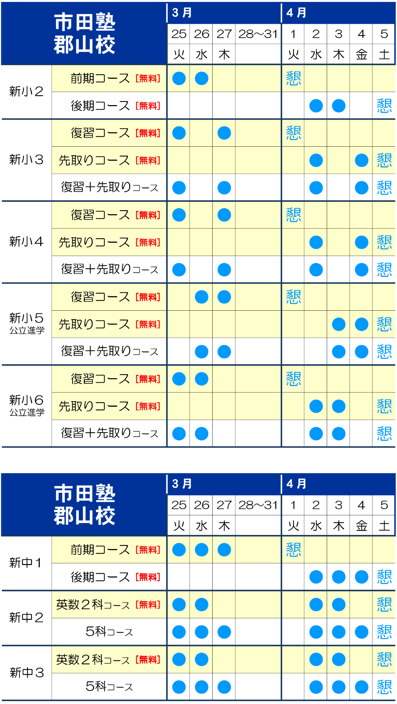 市田塾郡山校の春期講習日程