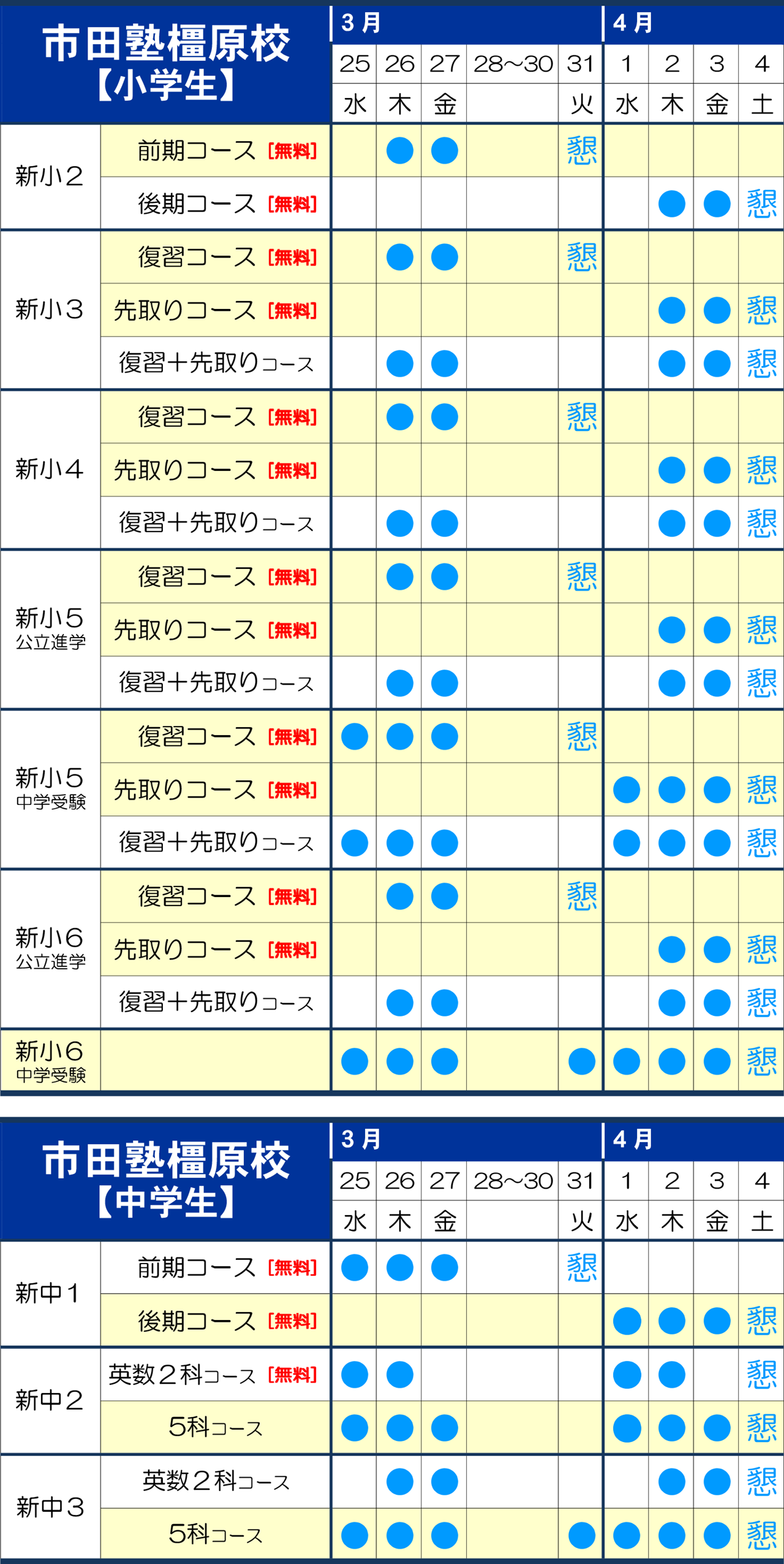 市田塾橿原校の春期講習の講習日程