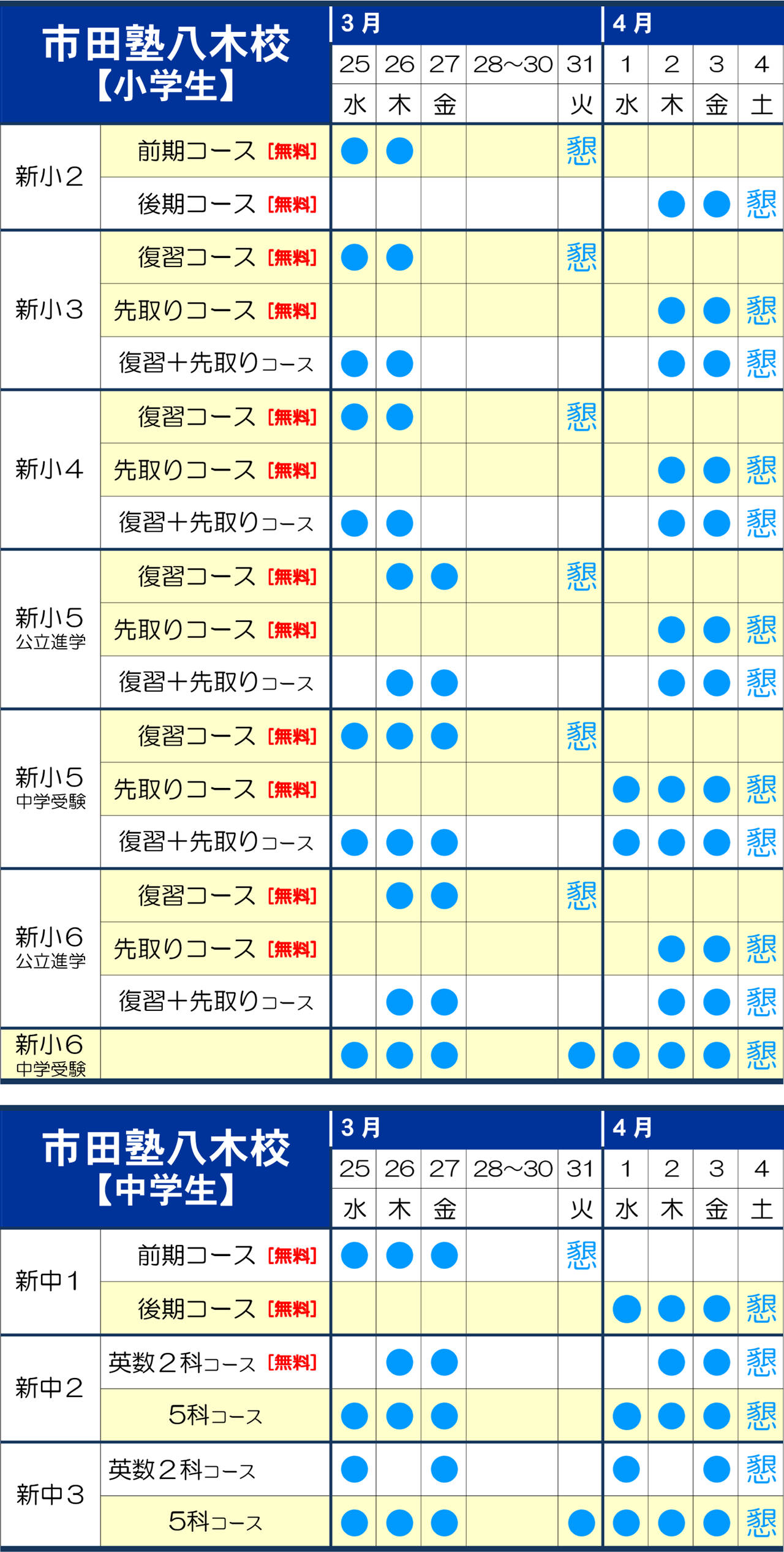 市田塾八木校の講習日程