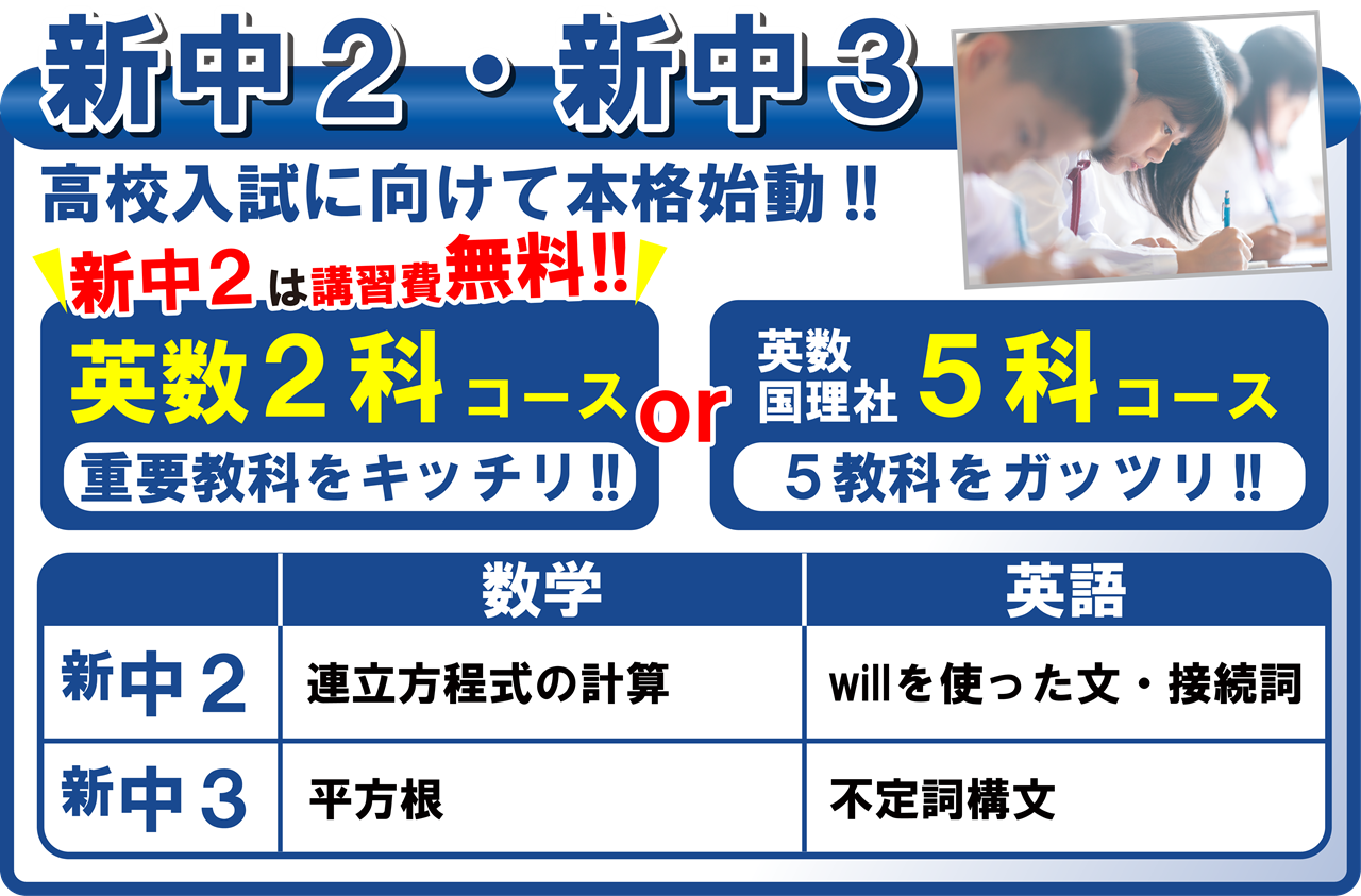 市田塾の新中２・新中３の春期講習