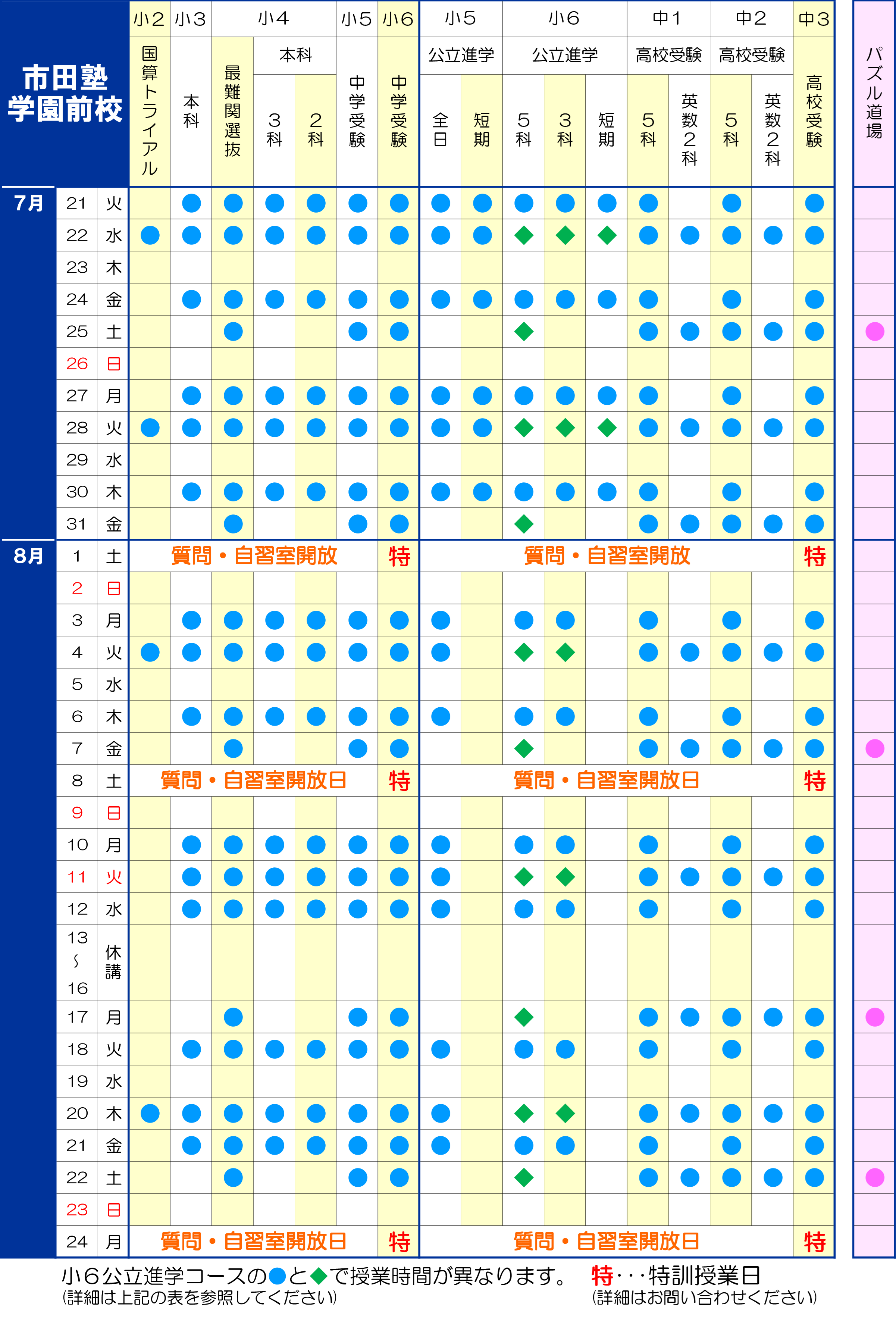市田塾学園前校_夏期講習日程