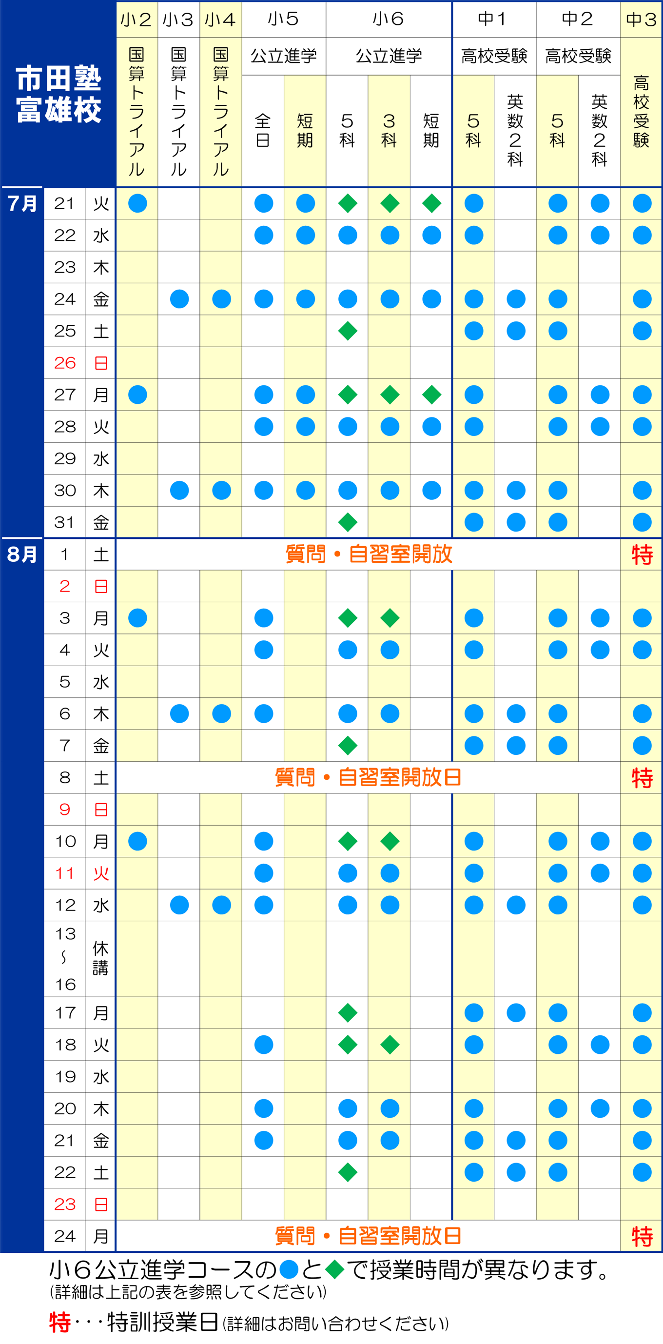 市田塾富雄校_夏期講習日程