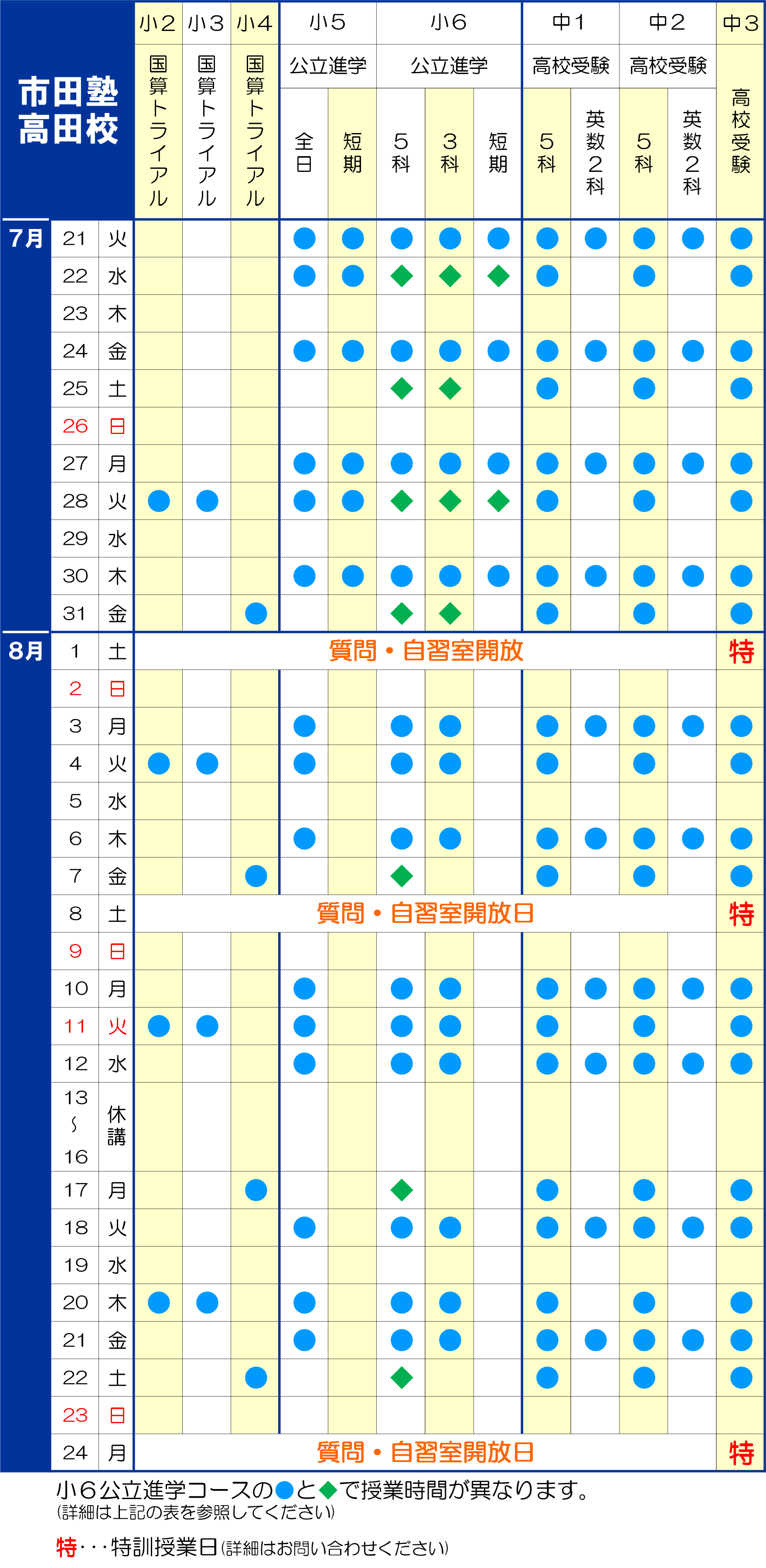 市田塾高田校_夏期講習日程