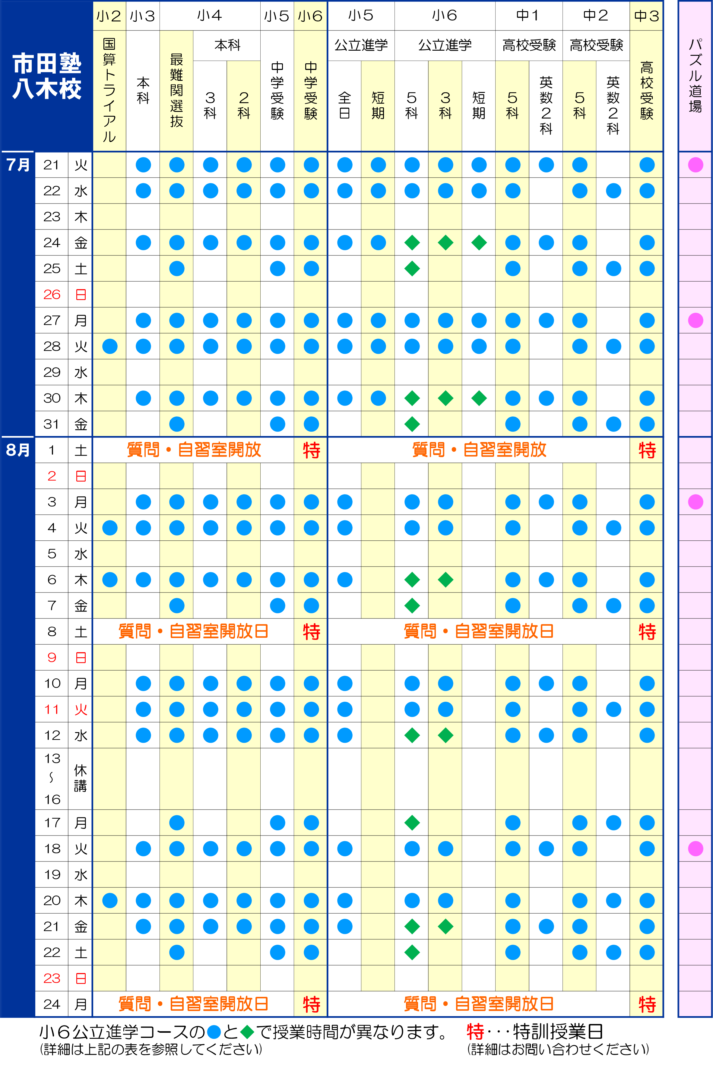 市田塾八木校_夏期講習日程
