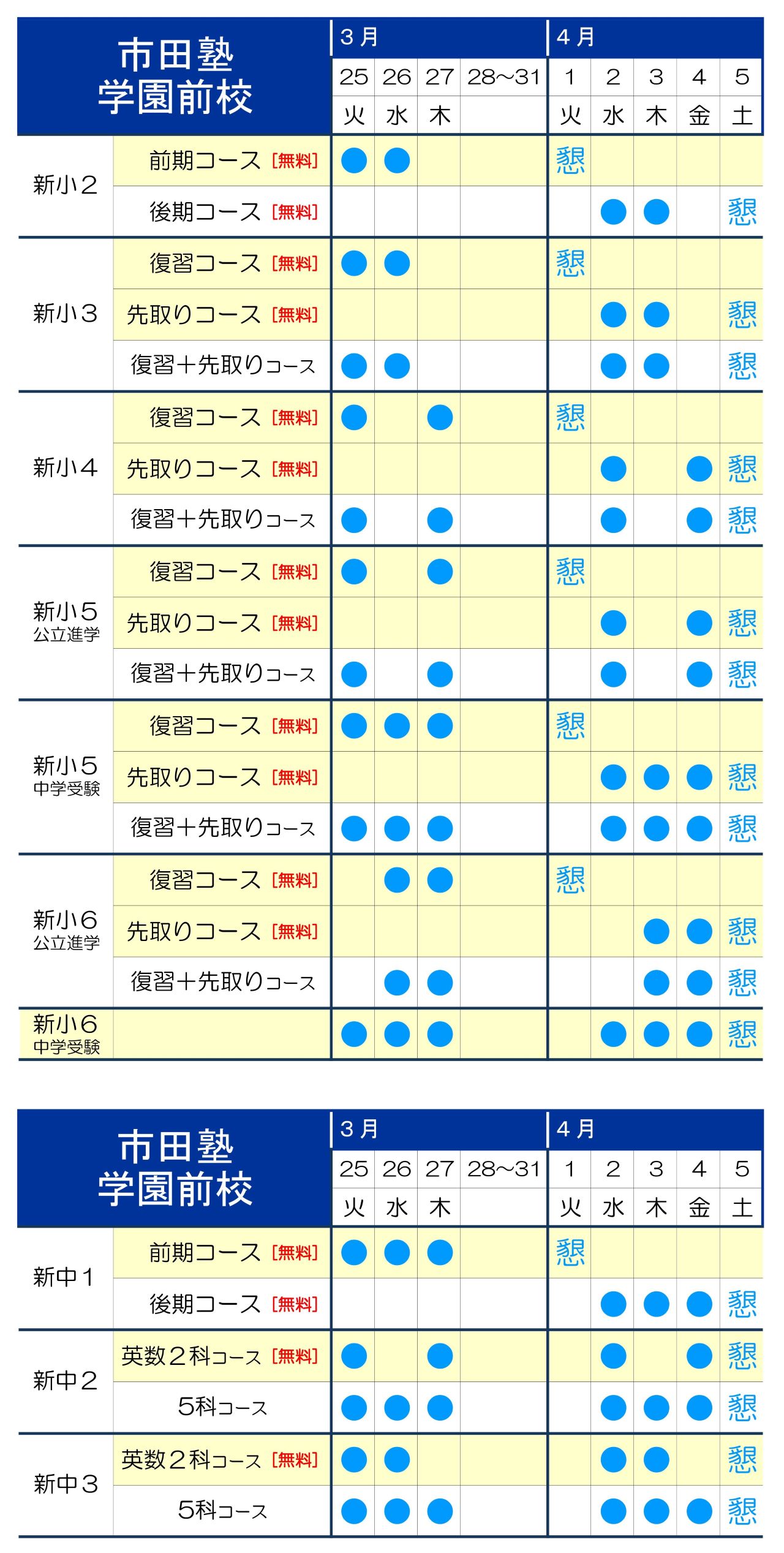 市田塾学園前校の2025年春期講習の日程